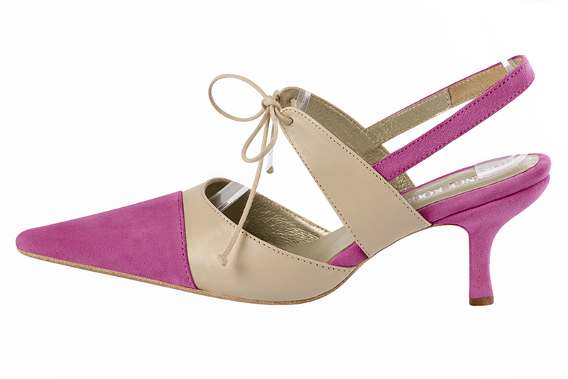 Shocking pink and champagne beige women's open back shoes, with an instep strap. Pointed toe. High slim heel. Profile view - Florence KOOIJMAN
